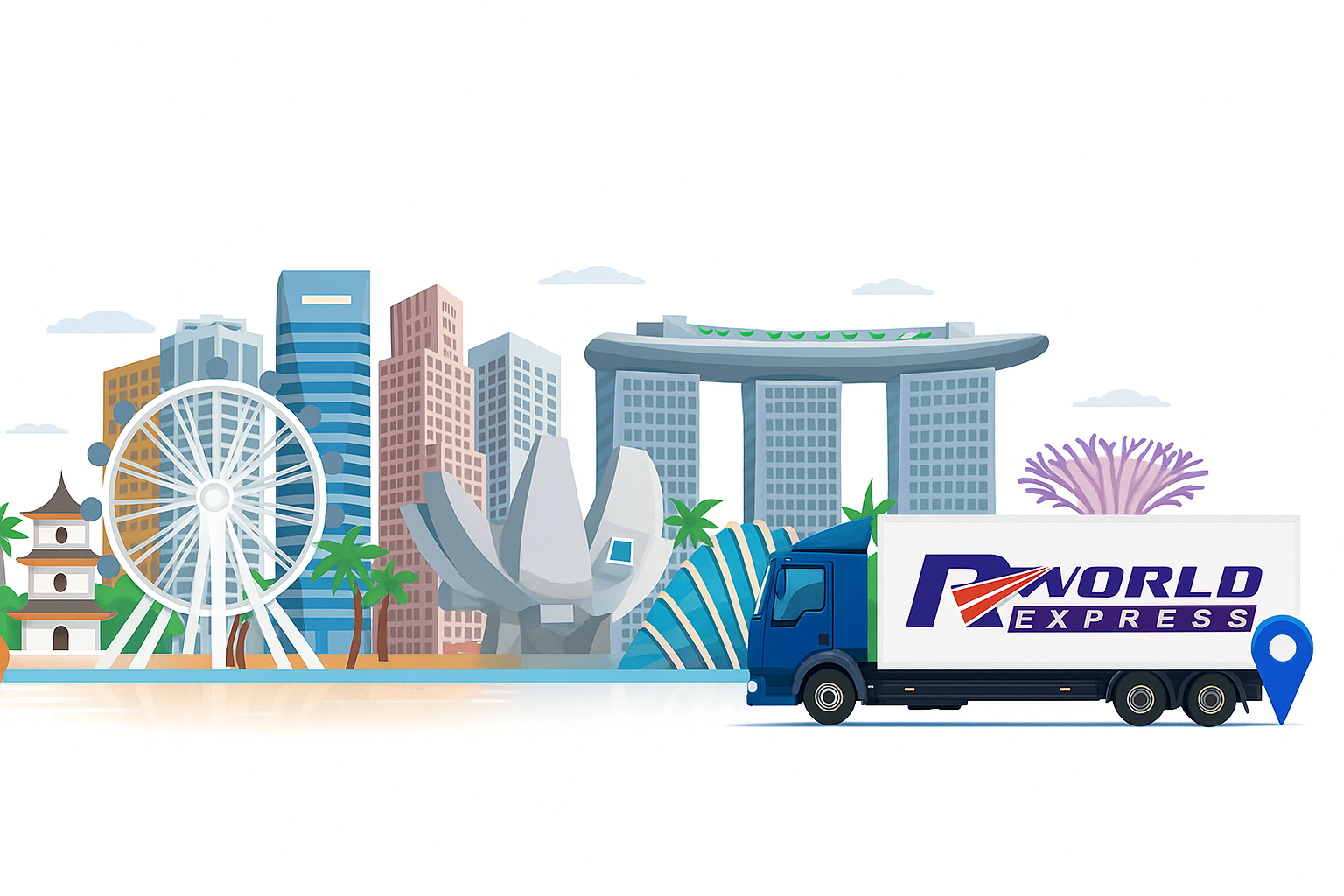 RWorld Express truck with city skyline